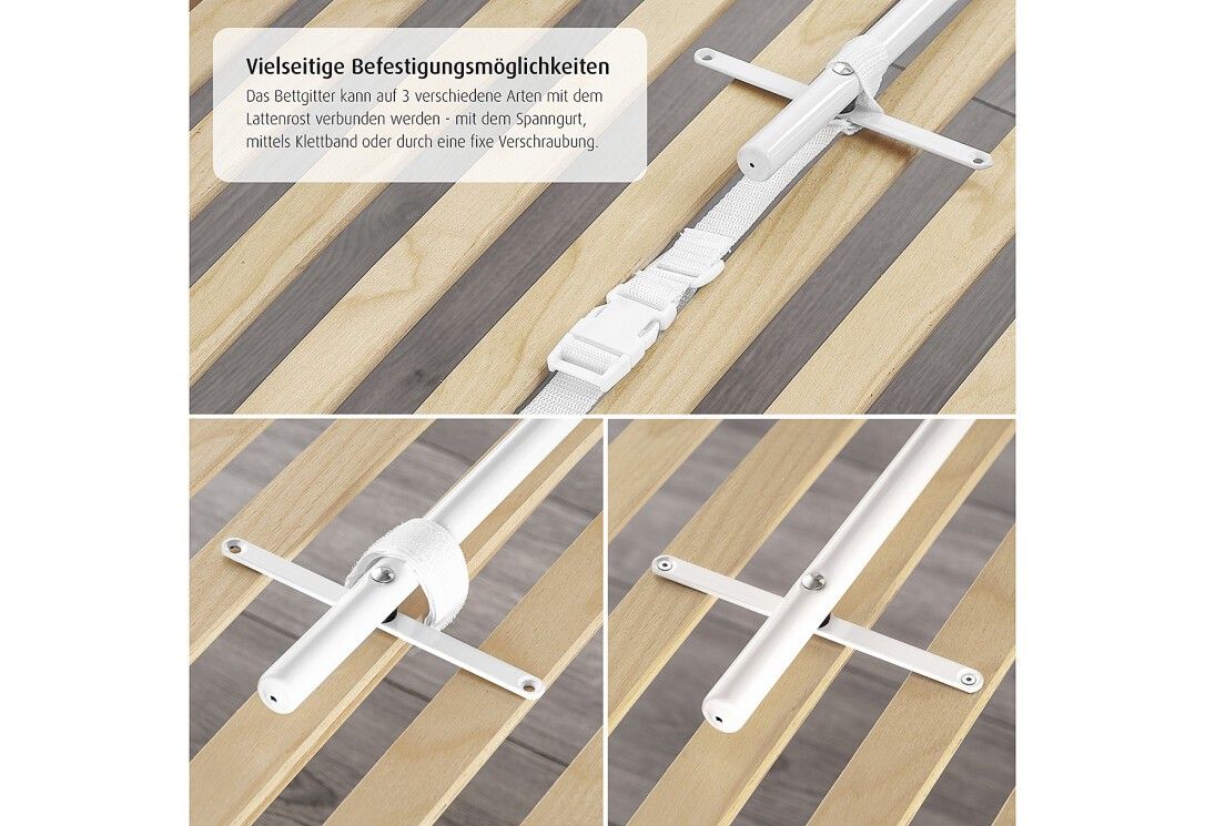 Primo piano delle opzioni di fissaggio della barriera letto. Testo in tedesco.