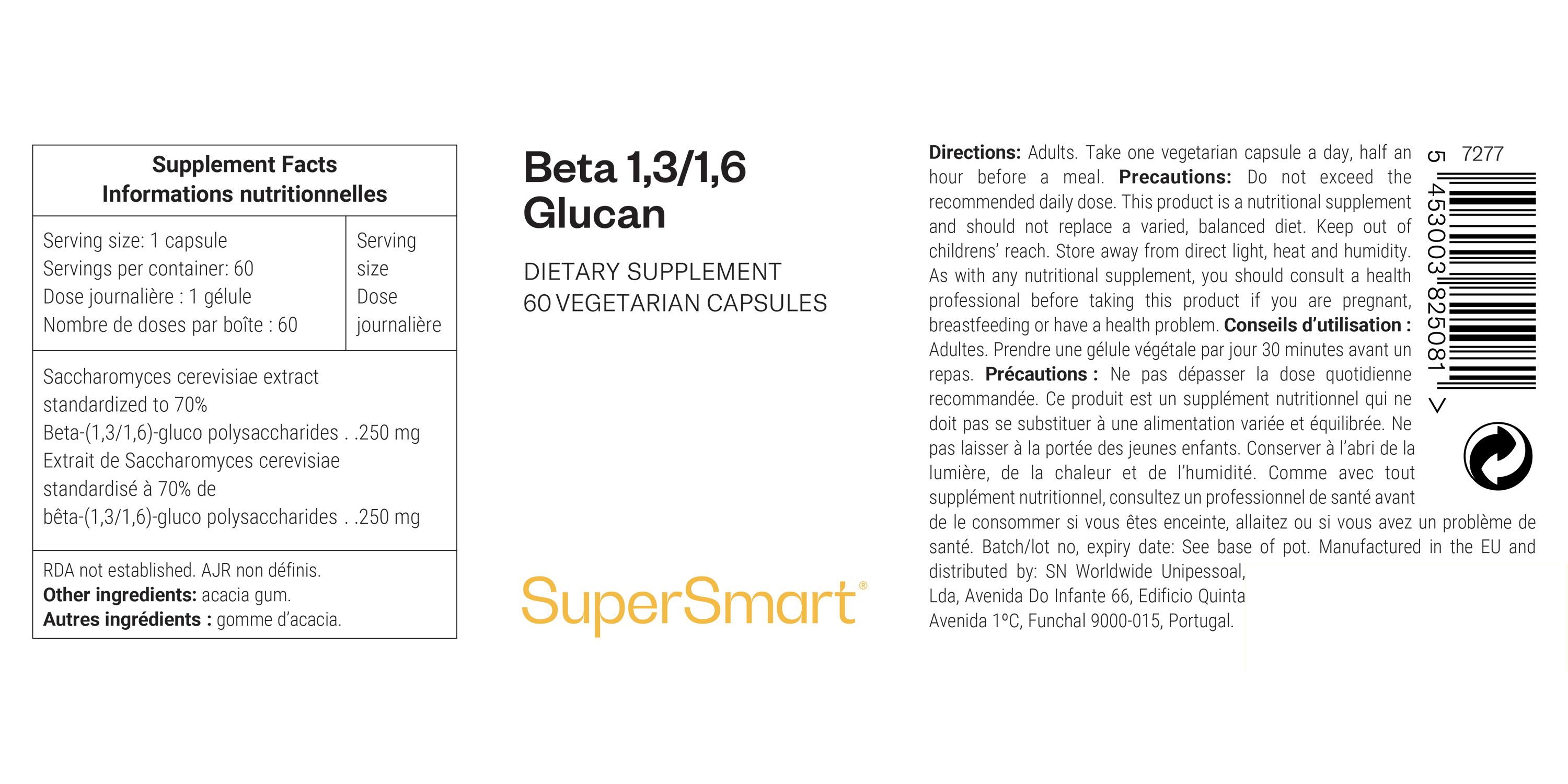 Integratore alimentare Beta 1,3/1,6 Glucan. 60 capsule vegetariane. Logo SuperSmart. Testo in inglese e francese. Codice a barre.