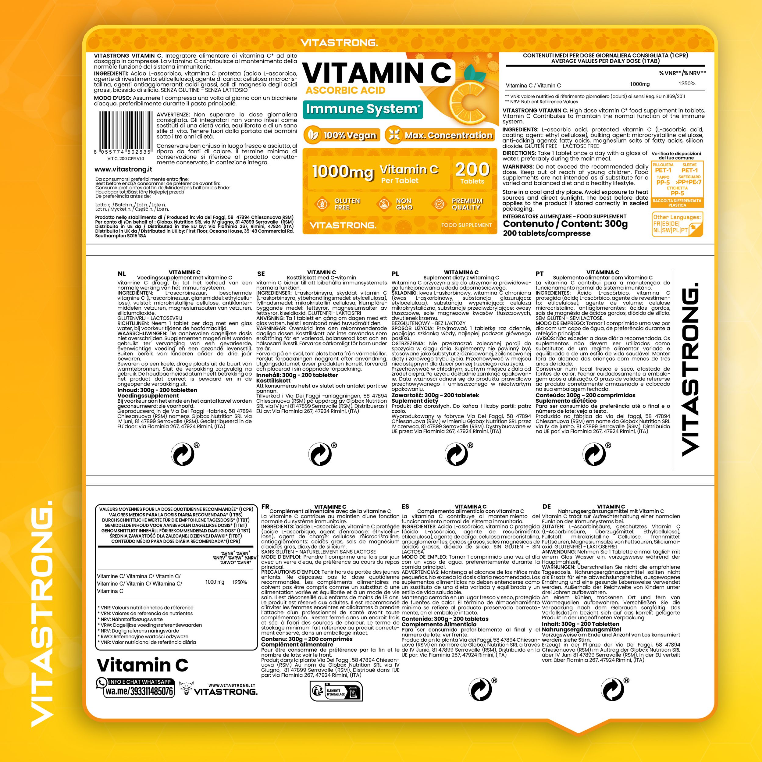 Retro della confezione delle compresse di Vitamina C Vitastrong. Testo in più lingue. 200 compresse, 1000mg. Testo: Acido ascorbico, sistema immunitario.