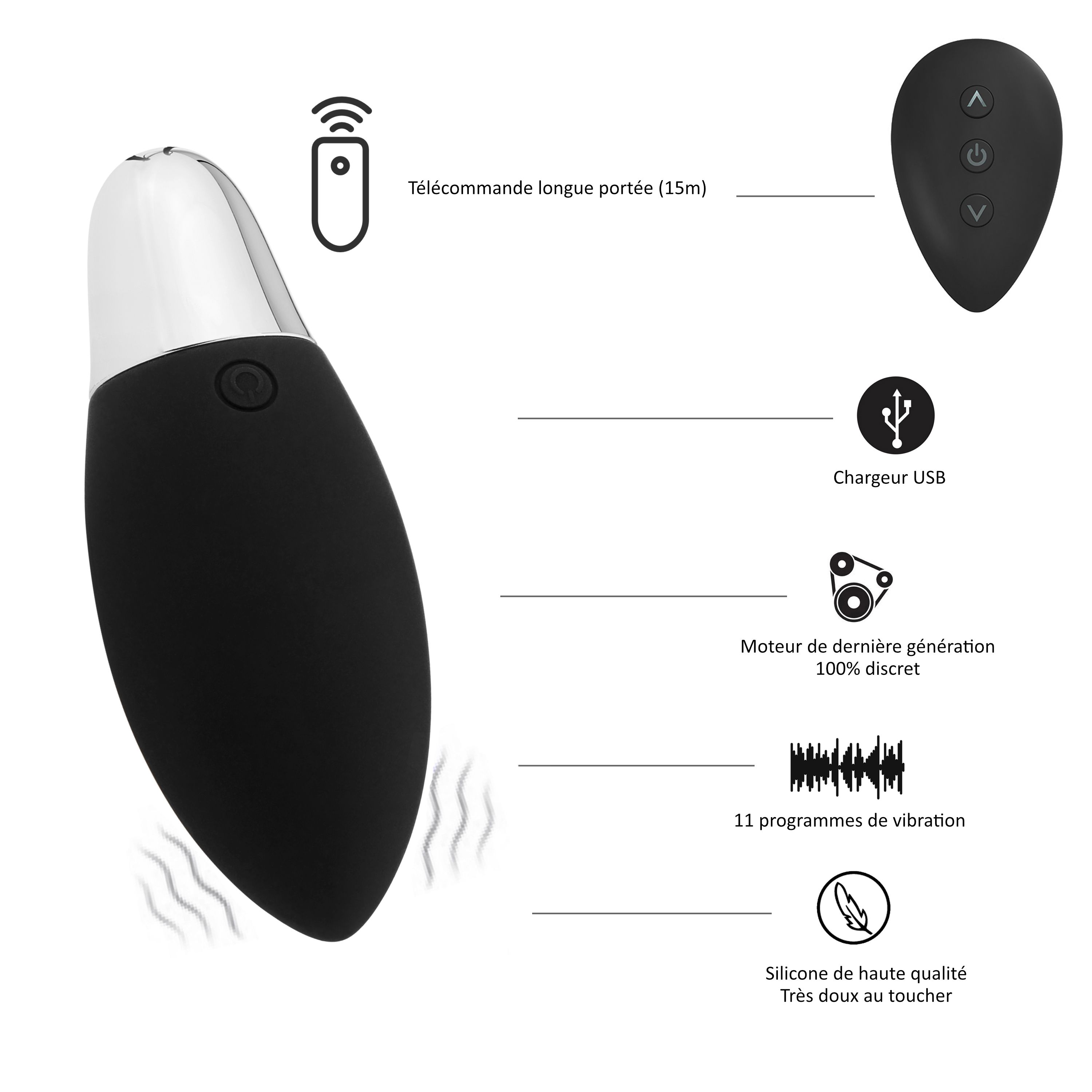 Vibratore nero con telecomando, cavo di ricarica USB, 11 programmi di vibrazione.