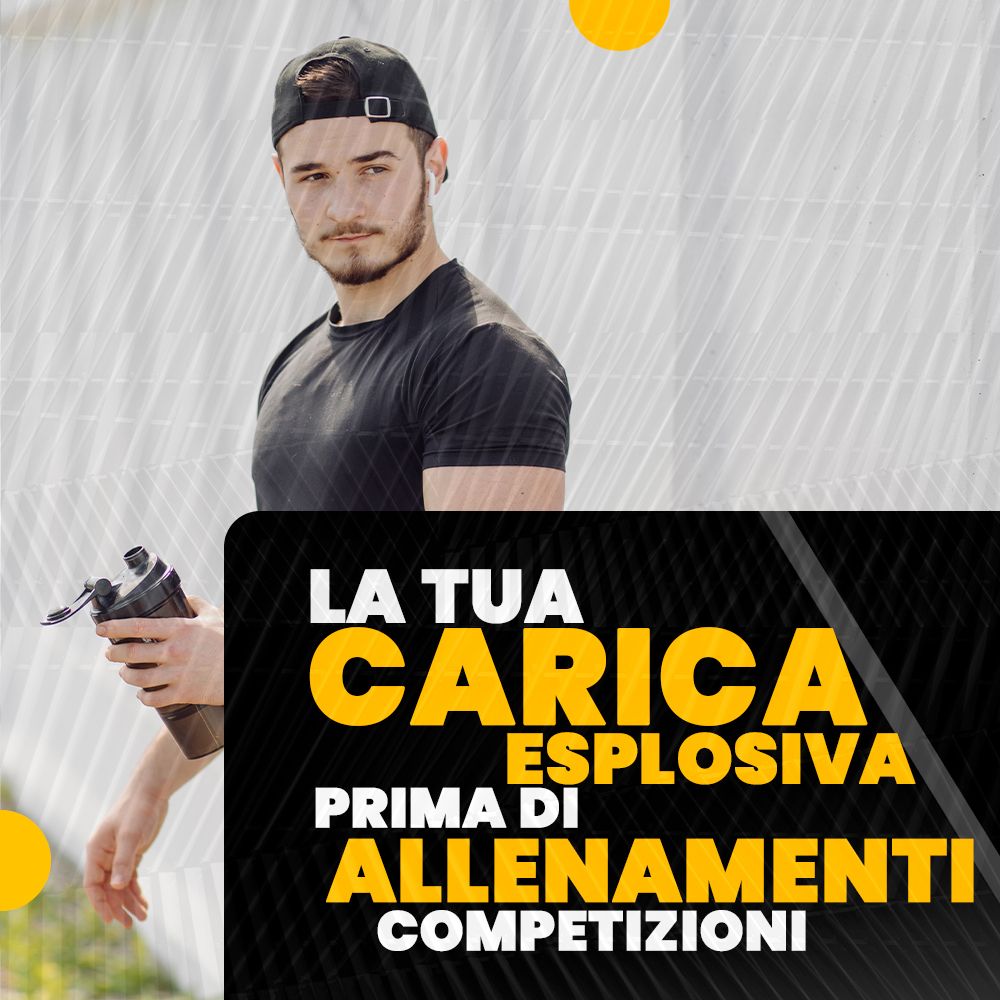 Uomo con bottiglia. Testo: LA TUA CARICA ESPLOSIVA PRIMA DI ALLENAMENTI COMPETIZIONI. Sfondo giallo.