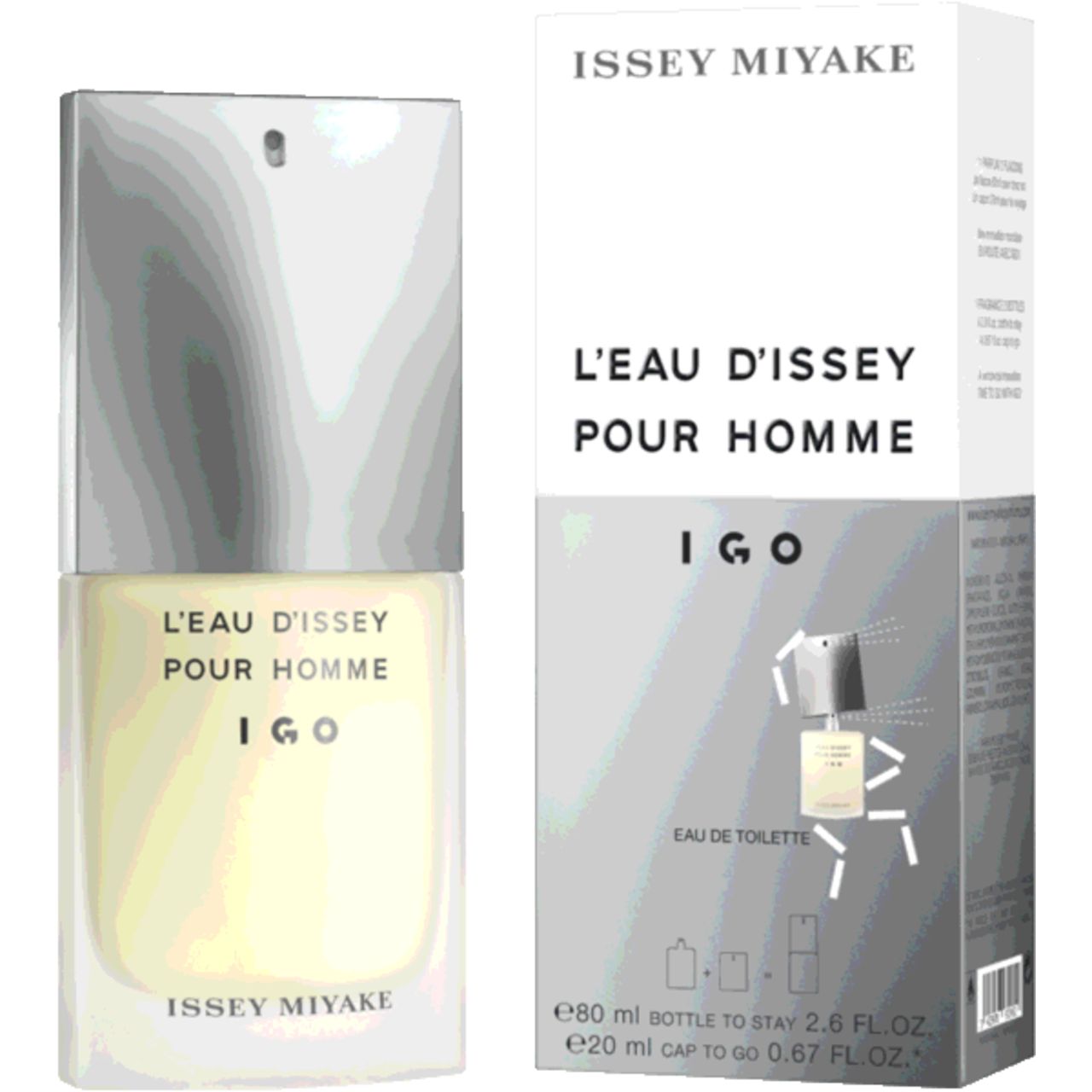 Flacone rettangolare con tappo argentato. Scritta: L'Eau d'Issey Pour Homme IGO. Marchio: Issey Miyake.