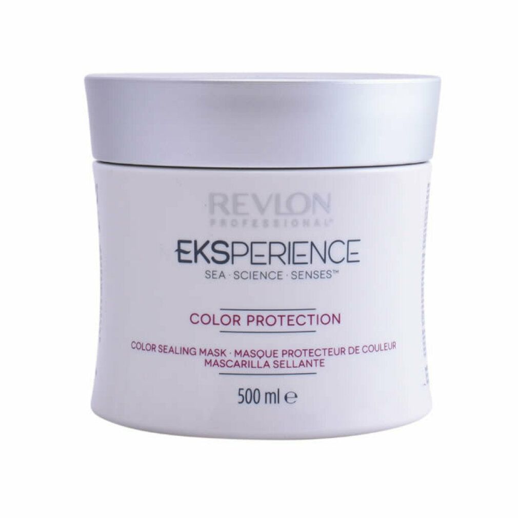 Vaso bianco con coperchio argentato. Scritta: Revlon Eksperience Color Protection. 500 ml.