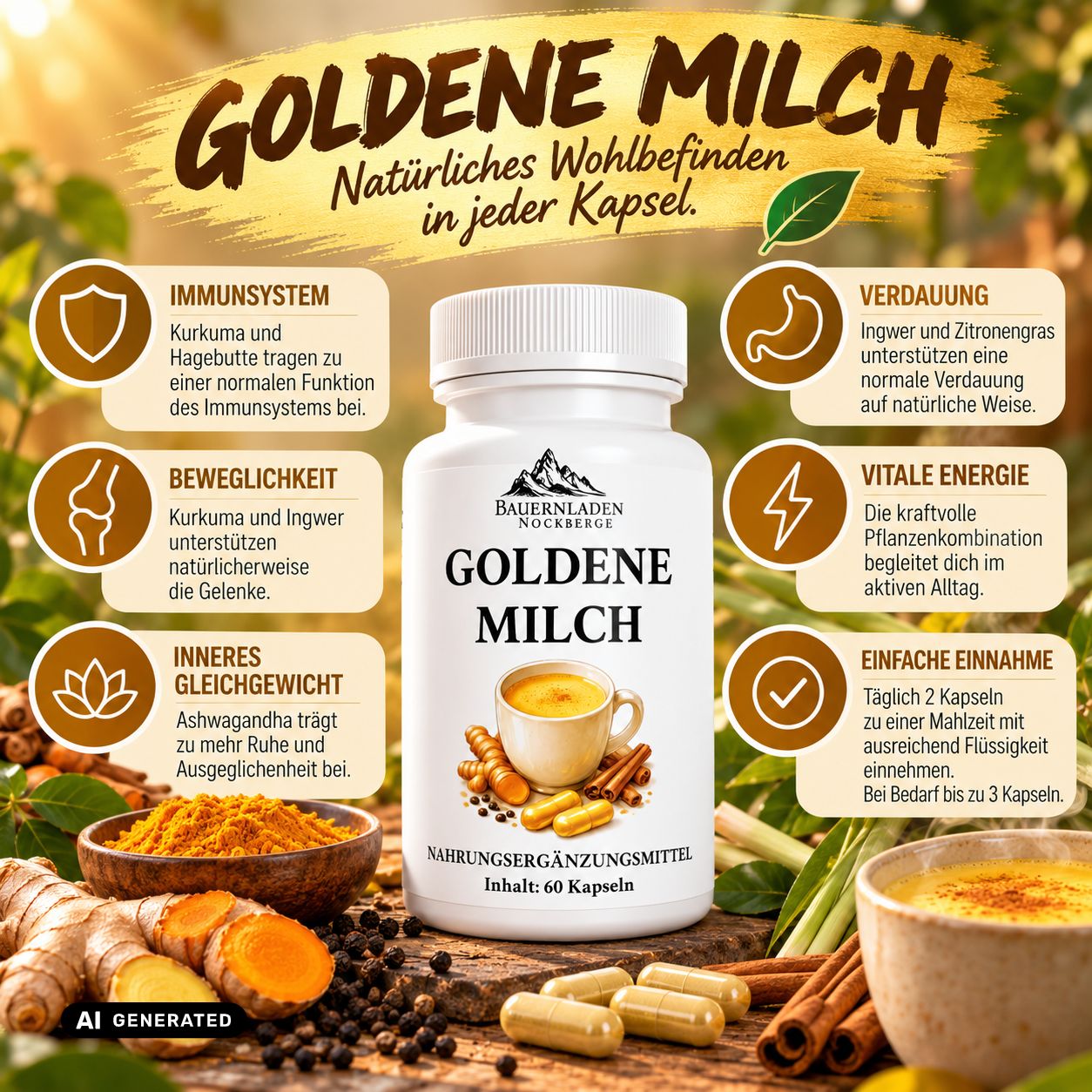Flacone di capsule Golden Milk da 60 capsule, con informazioni sul sistema immunitario e la digestione.