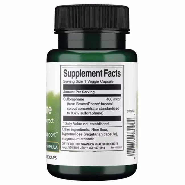 Retro di un flacone verde. Scritta: Supplement Facts. Contiene sulforafano. 400 mcg per porzione.