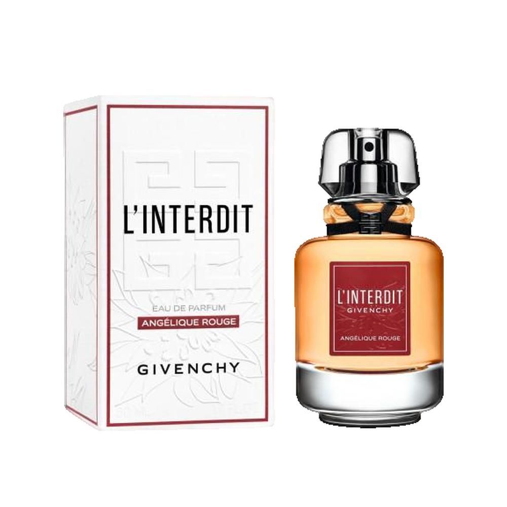 Flacone di profumo accanto a scatola bianca. Scritta: L'Interdit, Givenchy, Angelique Rouge. Flacone con etichetta rossa, tappo argentato.