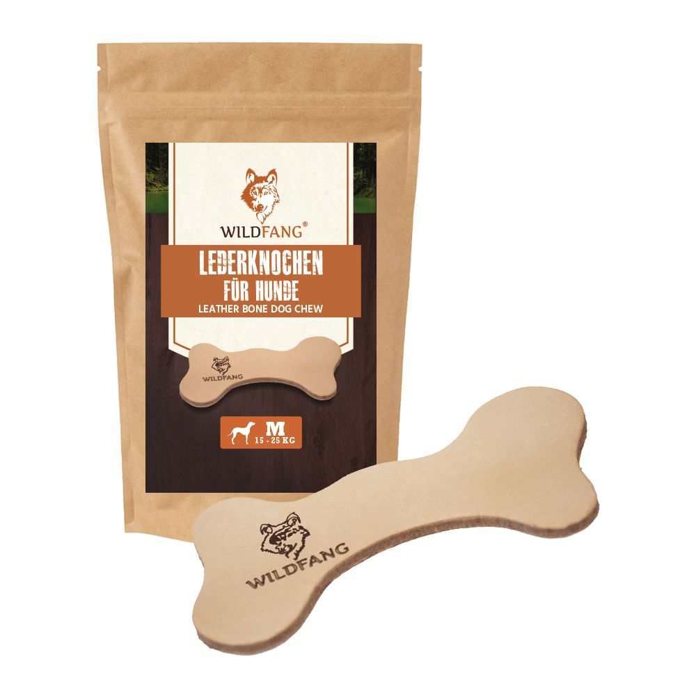 Osso di cuoio per cani in busta. Marchio Wildfang. Scritta: Osso di cuoio per cani. Viene mostrato un osso.