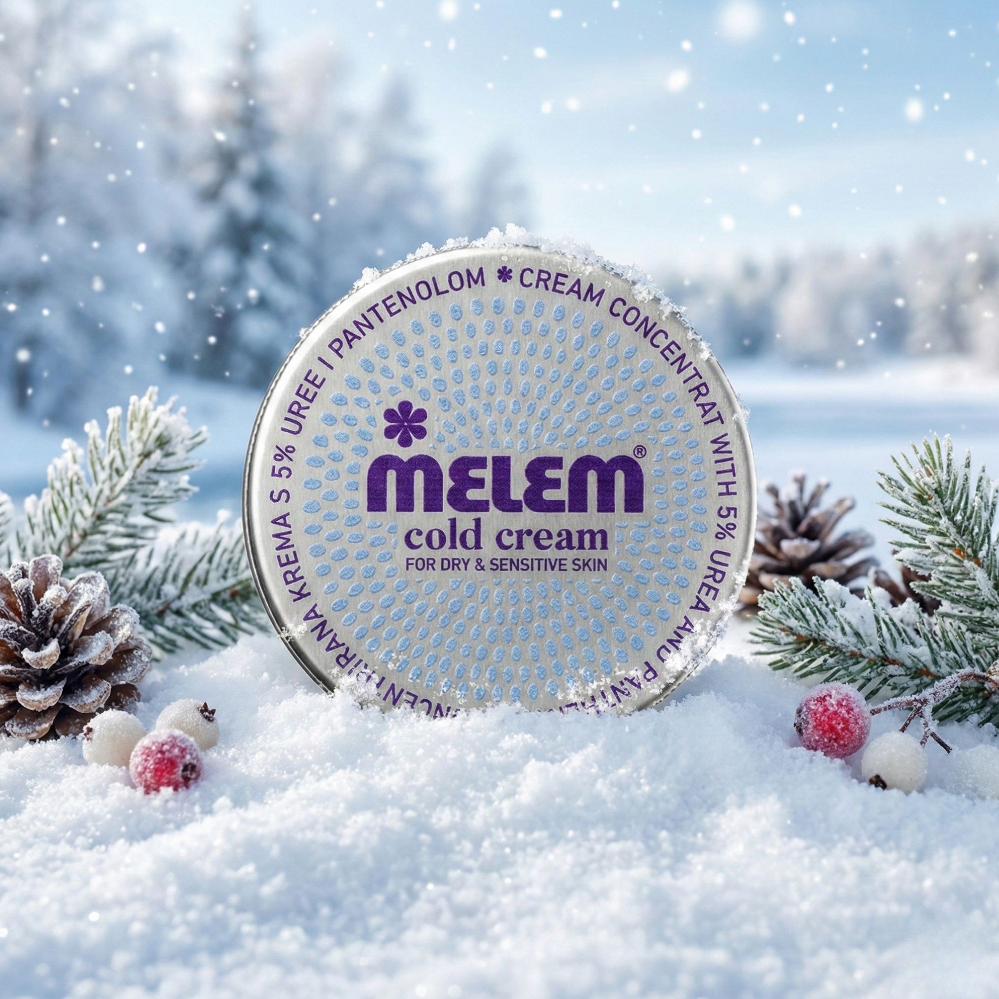 Barattolo rotondo Melem Cold Cream nella neve. Testo: 5% Urea & Pantenolo, Cream Concentrat, For Dry & Sensitive Skin.