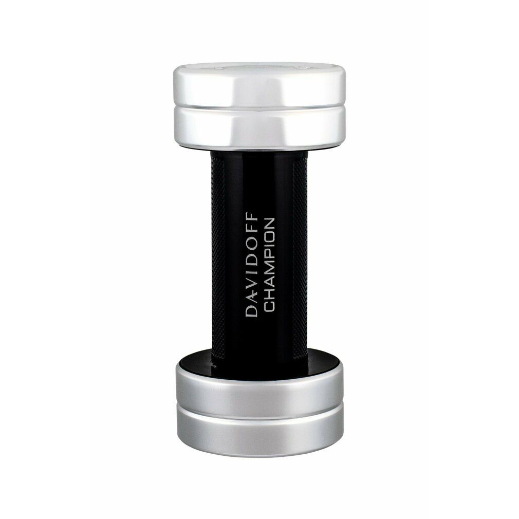 Flacone DAVIDOFF CHAMPION a forma di manubrio. Corpo nero, estremità argentate. Scritta DAVIDOFF CHAMPION sul flacone.