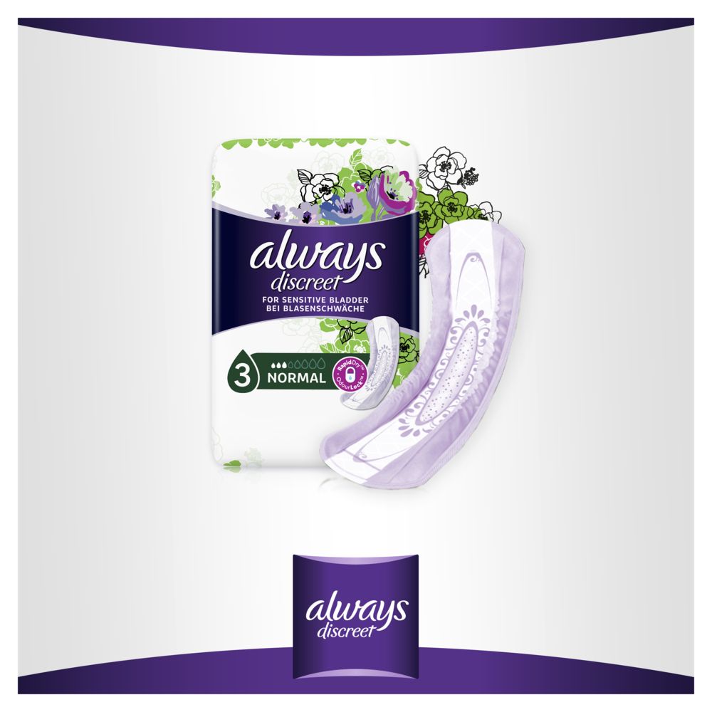 Always Discreet Normal. Immagine del prodotto con confezione e assorbente. Informazioni.