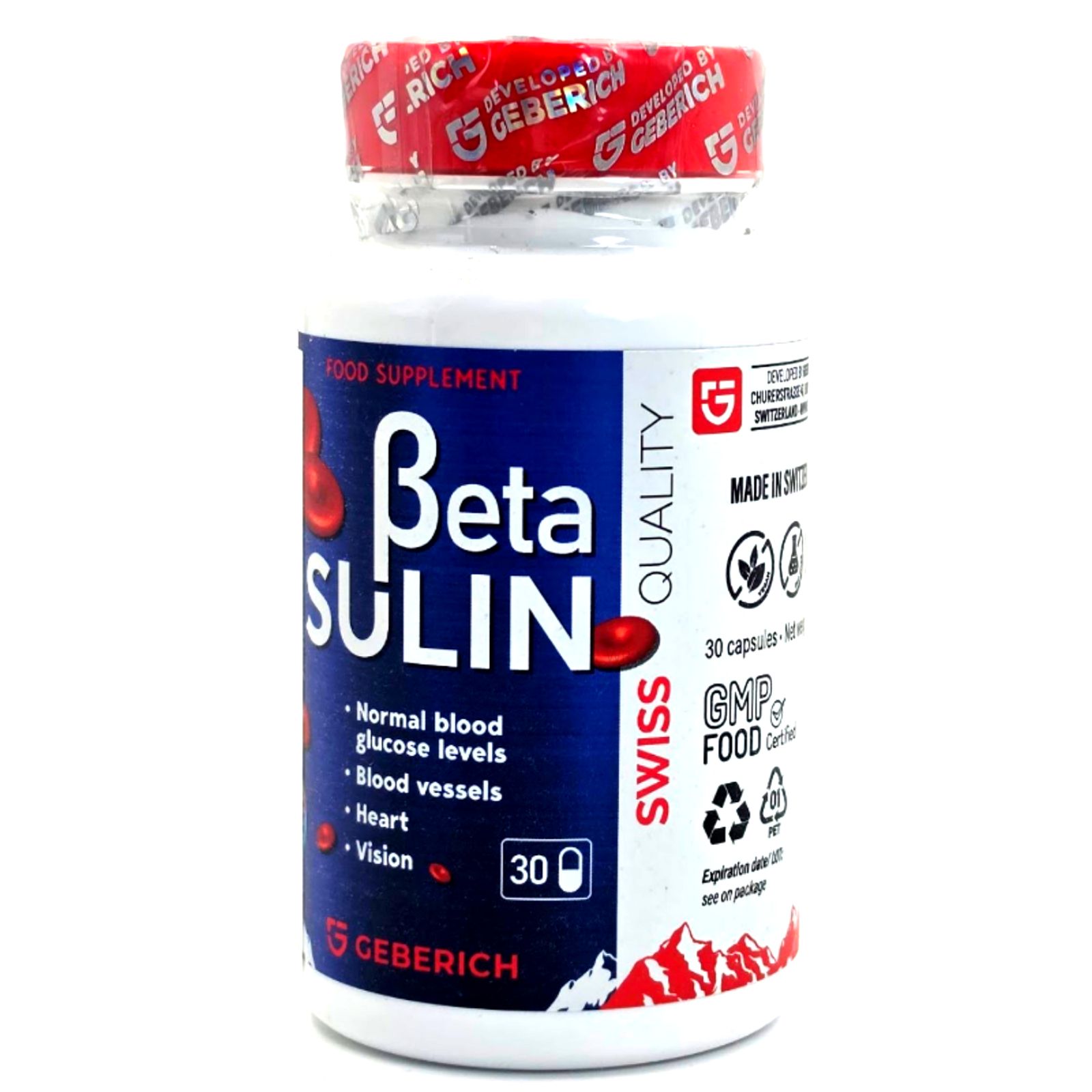 Contenitore di capsule BetaSulin con 30 capsule. Etichetta: "Normal blood glucose levels, Blood vessels, Heart, Vision". Marca: Geberich. Prodotto in Svizzera.