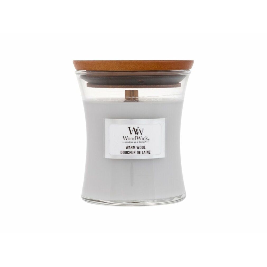 Candela grigia a forma di clessidra con coperchio. Adesivo con logo e scritta Warm Wool, Douceur de Laine.