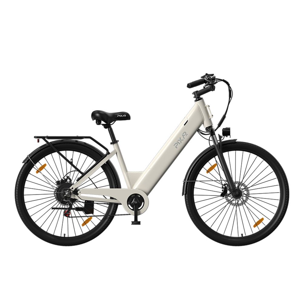 Bicicletta elettrica urbana color crema. Pneumatici e dettagli neri. Logo PIXAR sul telaio. Portapacchi e parafanghi.