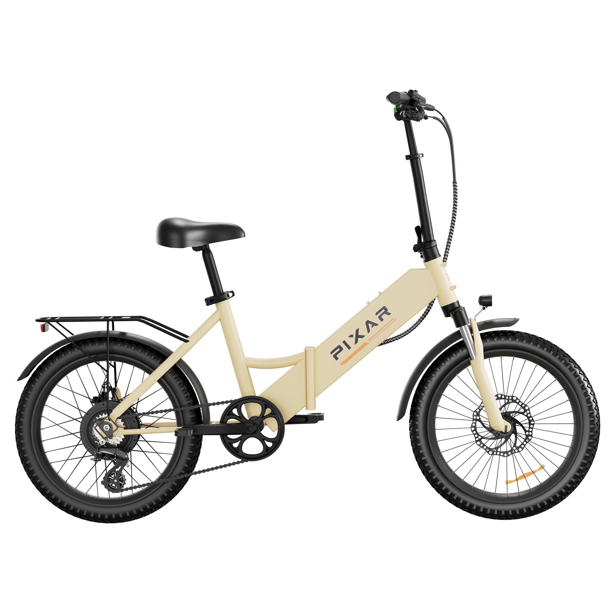 Bicicletta elettrica beige con sella nera, portapacchi e logo PIXAR. Pneumatici e parafanghi neri.