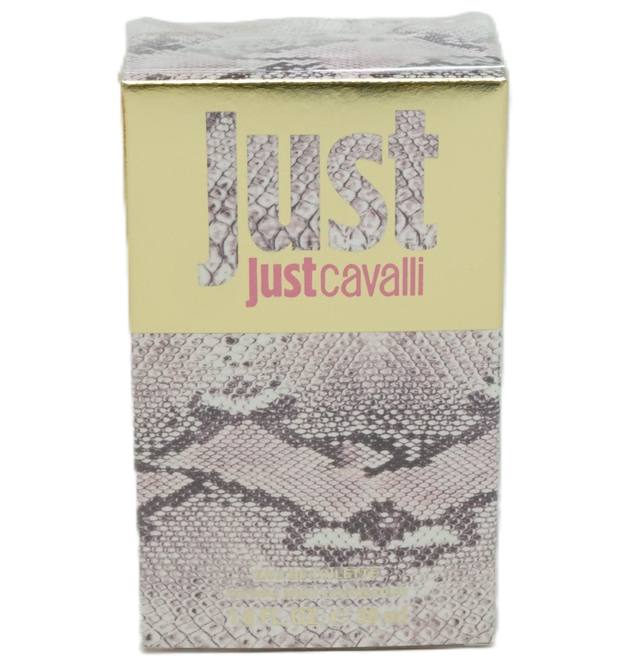 Scatola di cartone con coperchio dorato e motivo a serpente. Testo: JUST Justcavalli. Scritta rosa.