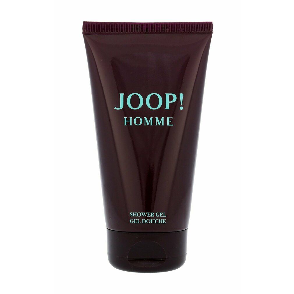 Tubo bordeaux con scritta turchese JOOP! HOMME. Scritta "SHOWER GEL GEL DOUCHE".