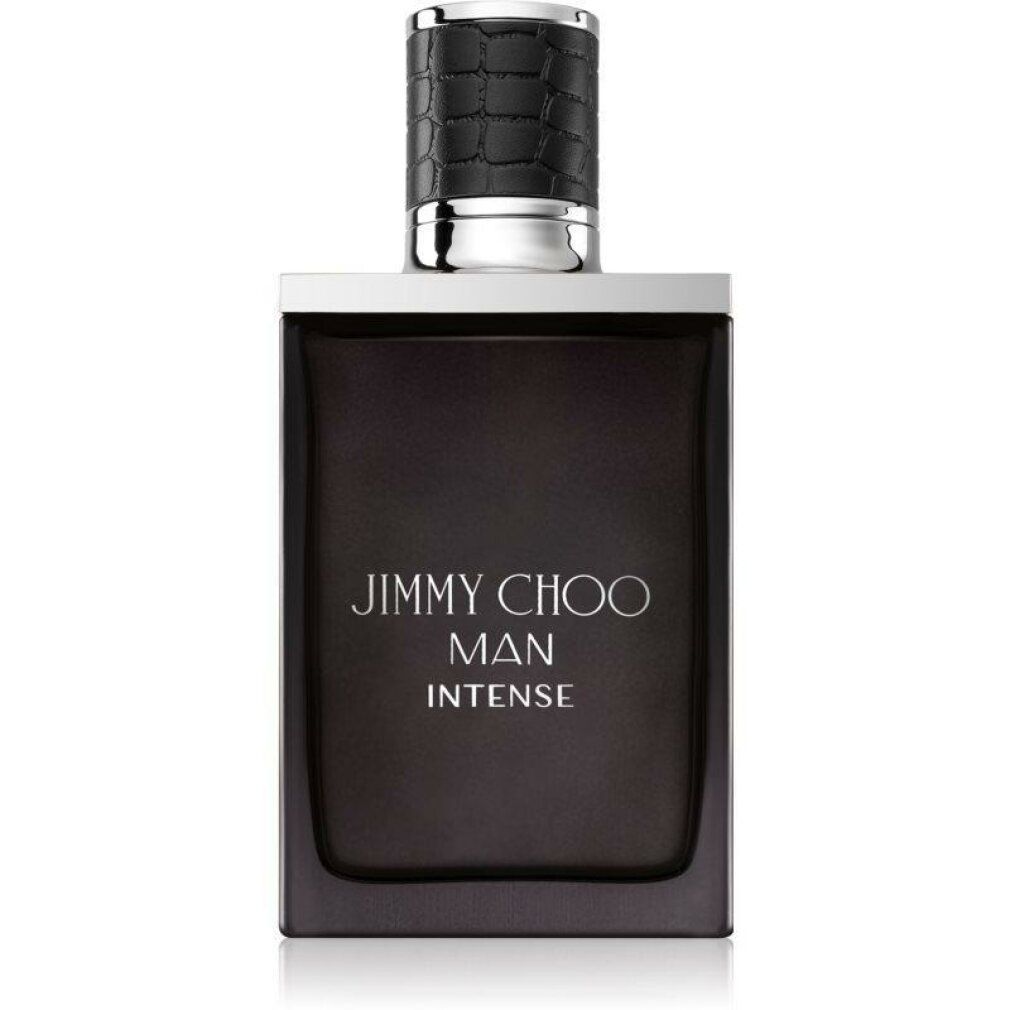 Flacone grigio scuro con tappo argentato. Scritta: JIMMY CHOO MAN INTENSE. Forma squadrata.
