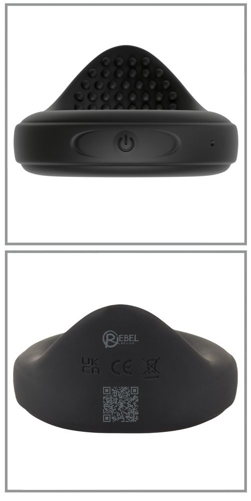 Parte inferiore e superiore dell'anello per testicoli vibrante con logo e certificazioni.