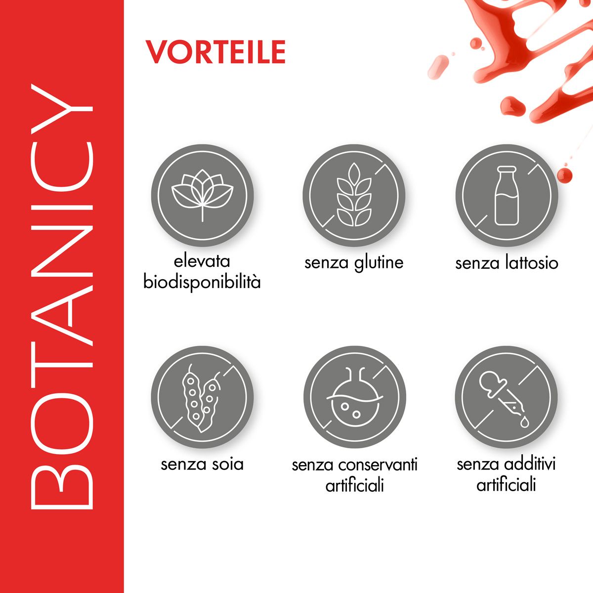 Vantaggi: Alta biodisponibilità, senza glutine, senza lattosio, senza soia, senza conservanti, senza additivi artificiali.