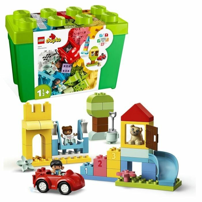 Scatola di mattoncini Deluxe LEGO DUPLO con giocattoli. Scatola verde con coperchio, piena di mattoncini, personaggi e accessori. Idee.
