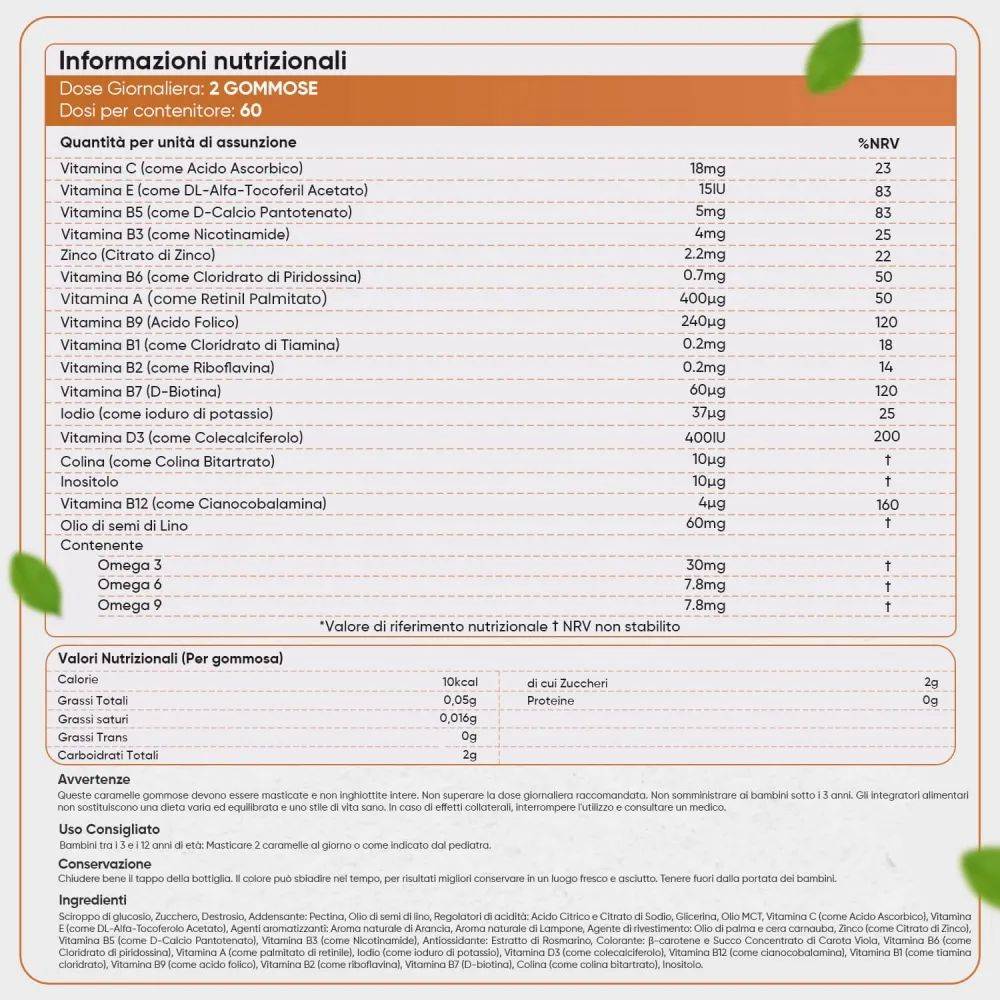 Informazioni nutrizionali per le caramelle gommose multivitaminiche. Testo: 2 caramelle gommose per porzione. Vitamine e minerali. Valori nutrizionali.