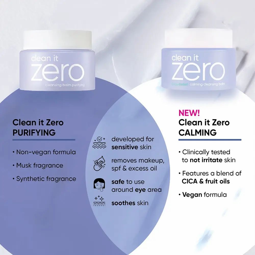 Confronto tra due prodotti. A sinistra: "Clean it Zero Purifying". A destra: "Clean it Zero Calming". Entrambi con testo e icone.