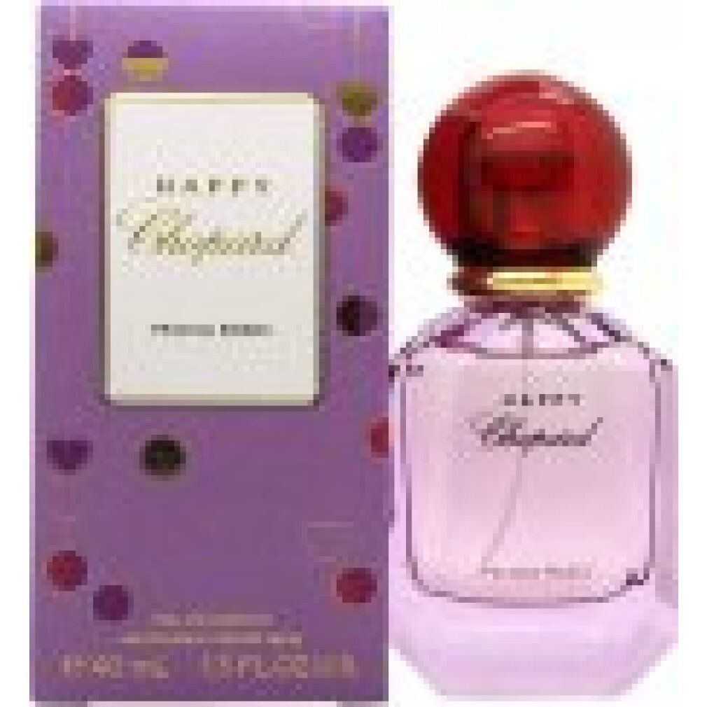 Flacone rosa con tappo rosso e confezione lilla. Scritta Happy Chopard Felicia Roses. 40 ml, 1.3 FL.OZ.U.S.