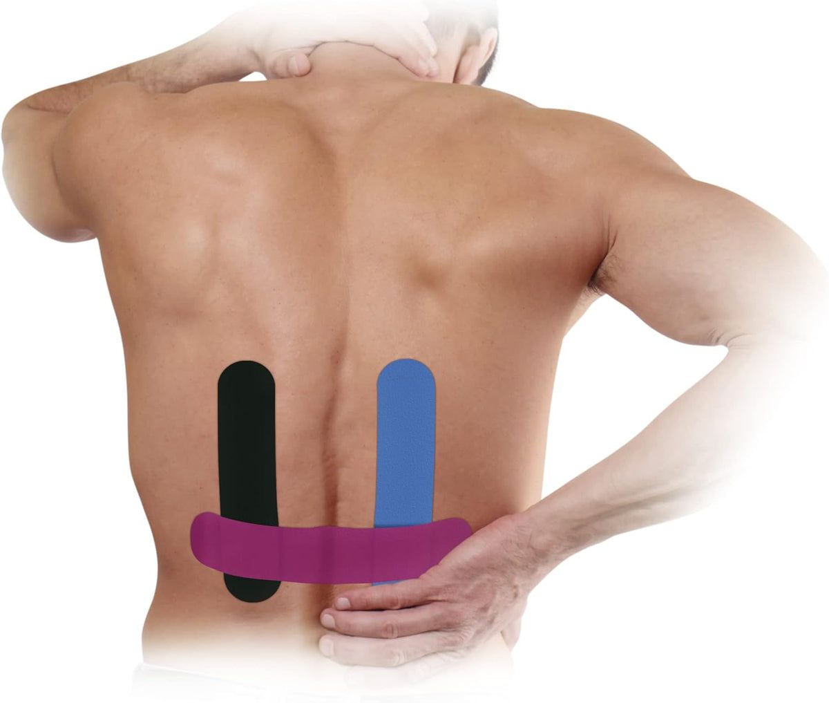 Schiena con cerotti kinesio applicati. Cerotti neri e blu. Cerotto rosa nella zona lombare.