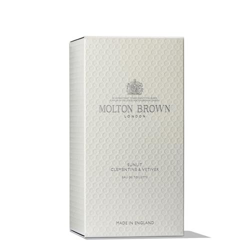 Confezione bianca con motivo in rilievo. Scritta: Molton Brown London, Sunlit Clementine & Vetiver, Eau de Toilette.
