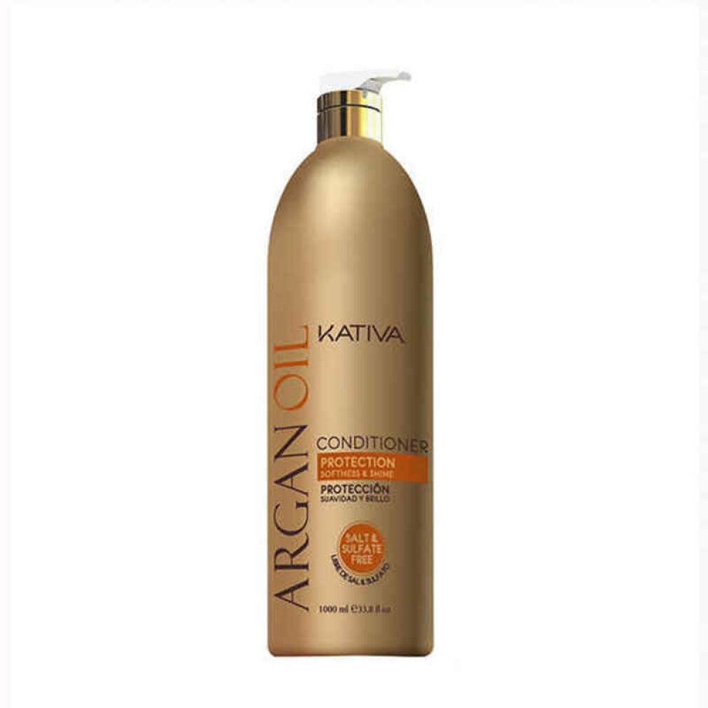 Flacone marrone con dosatore. Scritte: Kativa Argan Oil, Organic Conditioner, Protection, Senza sale e solfati.