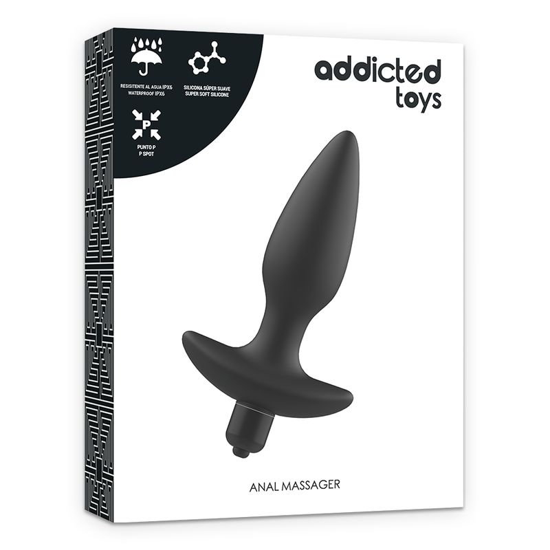 Confezione con plug anale nero. Marchio Addicted Toys. Testo: Anal Massager.