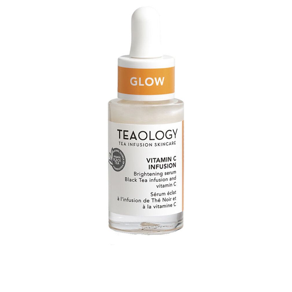 Flacone di siero con contagocce. Scritta: Teaology, Vitamin C Infusion, Glow. Su sfondo bianco.