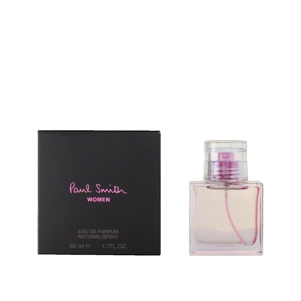 Flacone e scatola. Flacone rettangolare in vetro con liquido rosa e vaporizzatore. Scatola nera con scritta rosa: Paul Smith Women.