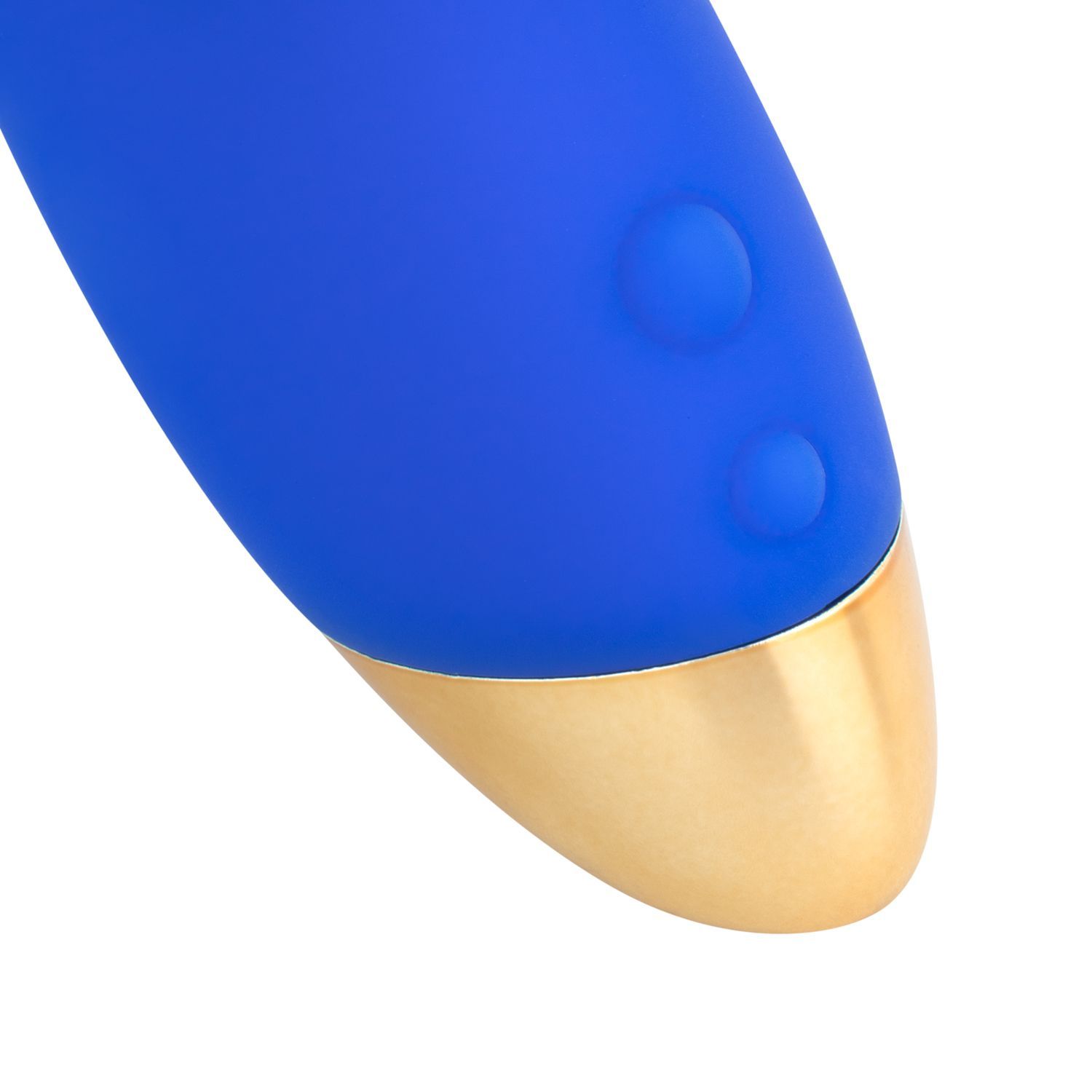 Primo piano dell'estremità dorata di un vibratore blu. Due pulsanti sono visibili sulla superficie blu.