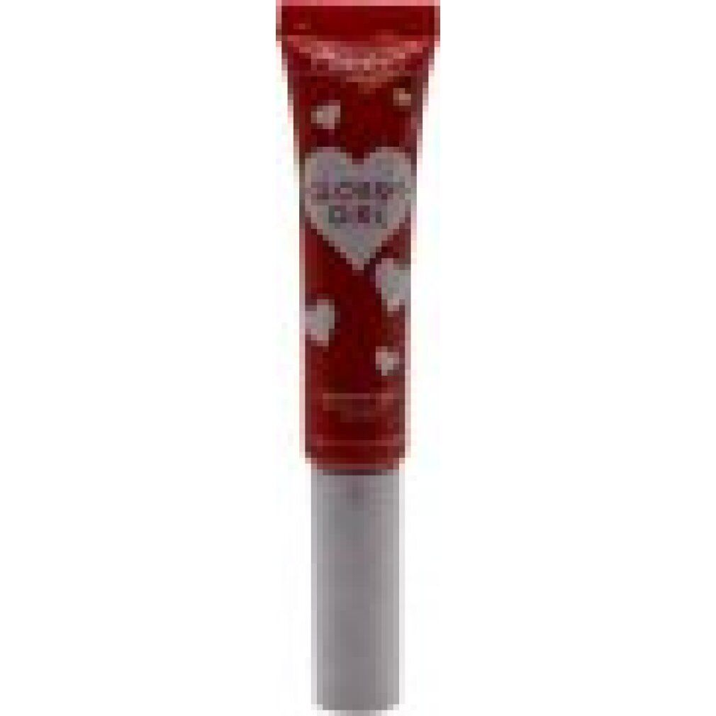 Tubo rosso con applicatore bianco. Scritta "Glossy Girl" con cuori. Prodotto per le labbra.