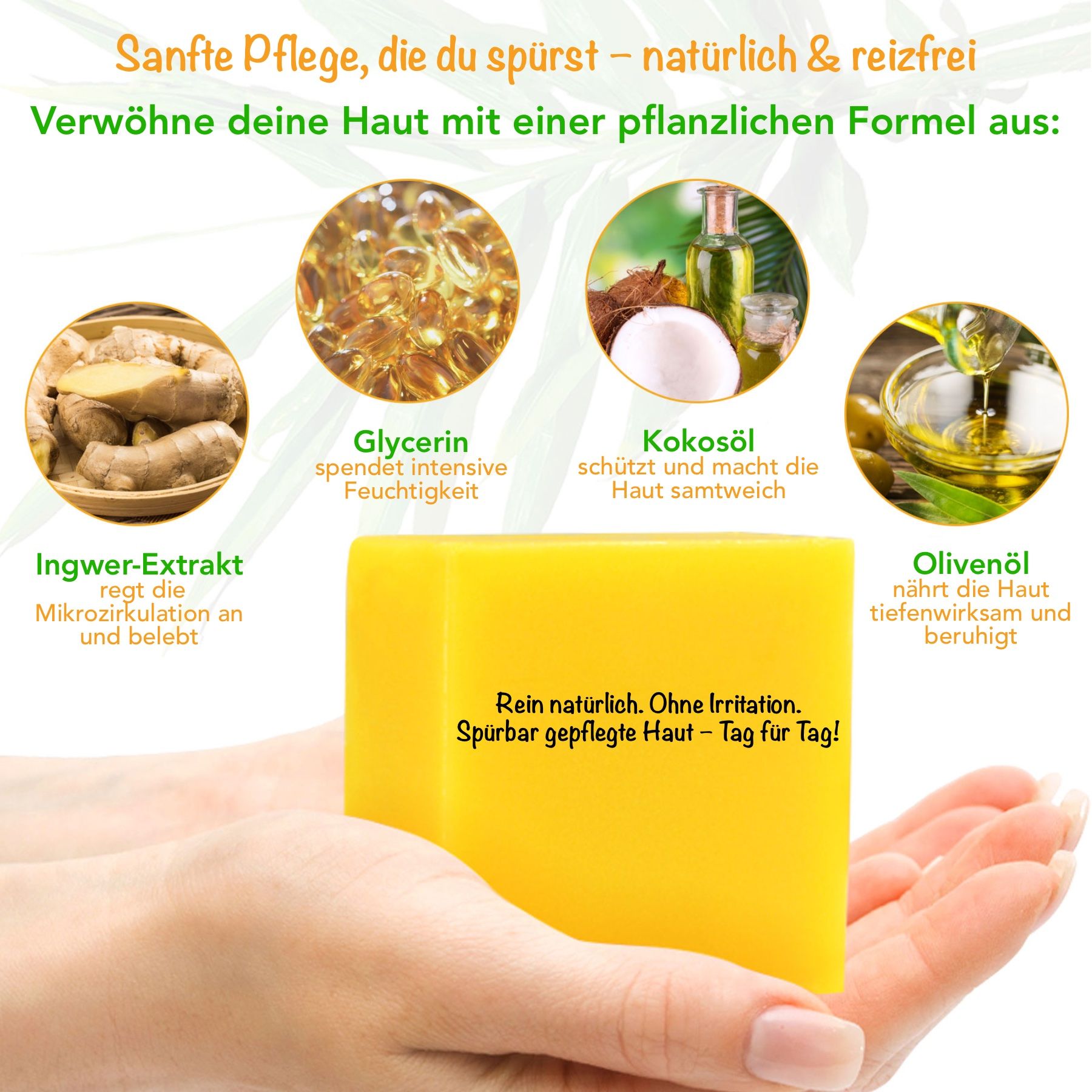 Panetto di sapone giallo, mani, zenzero, glicerina, olio di cocco, olio d'oliva. Testo: Estratto di zenzero, glicerina.