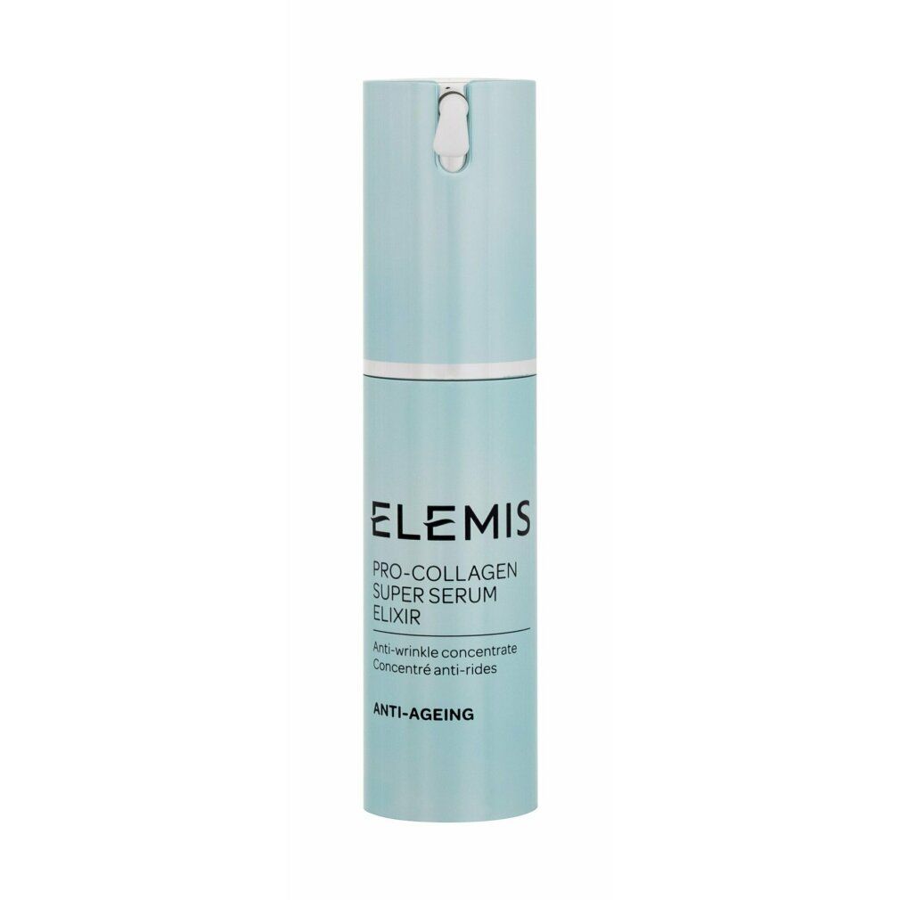 Flacone di siero Elemis Pro-Collagen Super Serum Elixir. Blu chiaro, testo bianco. Anti-età.