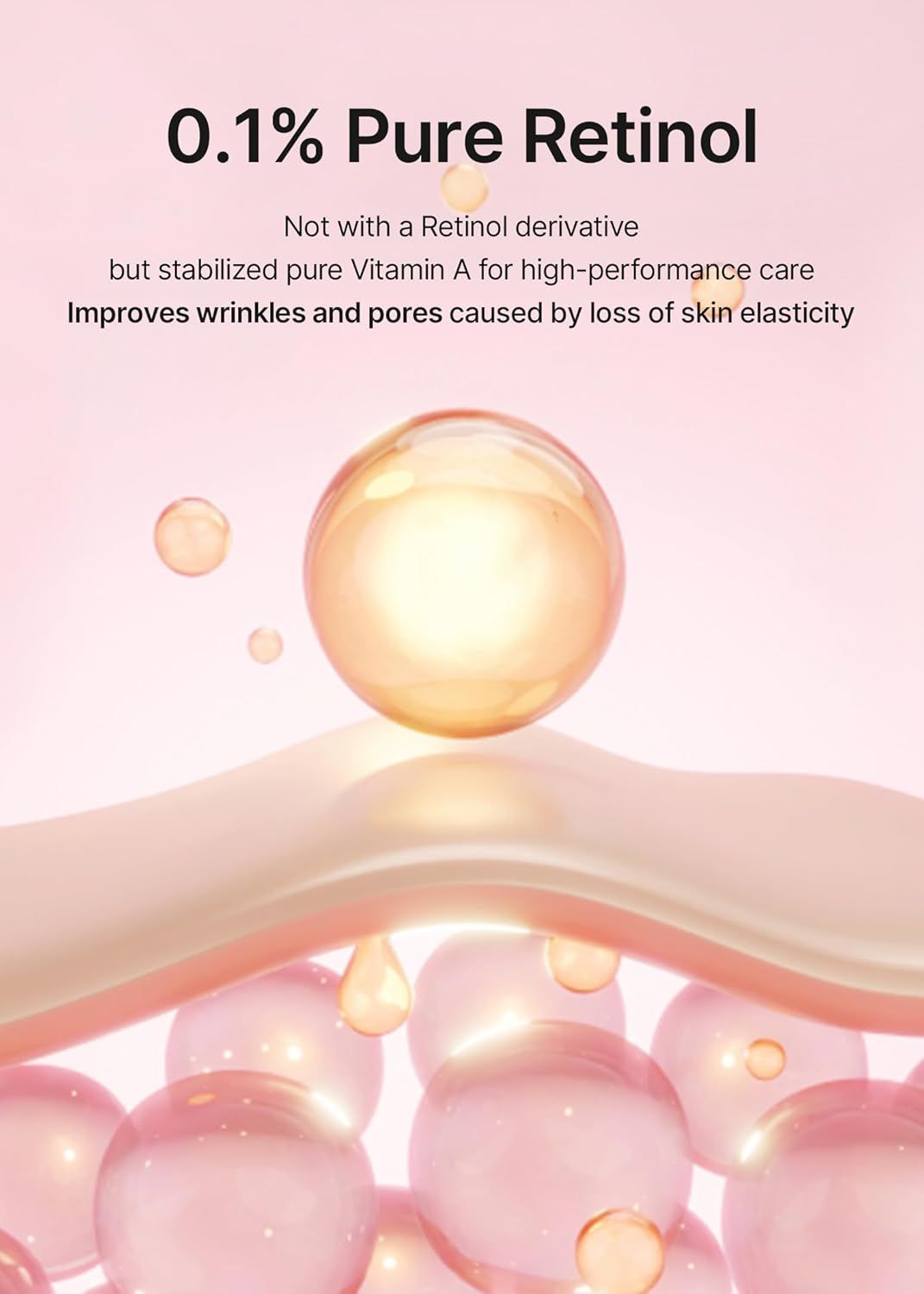Immagine di sfere rosa e liquido. Testo: 0.1% Pure Retinol. Migliora le rughe e i pori causati dalla perdita di elasticità.