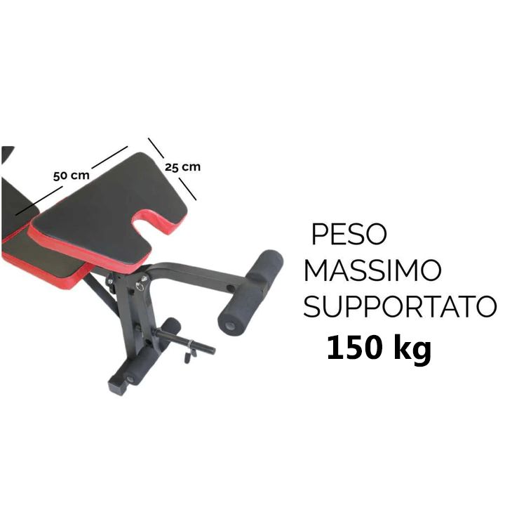 Panca multifunzione con imbottitura rossa e nera. Capacità massima: 150 kg. Bracciolo: 50x25cm.