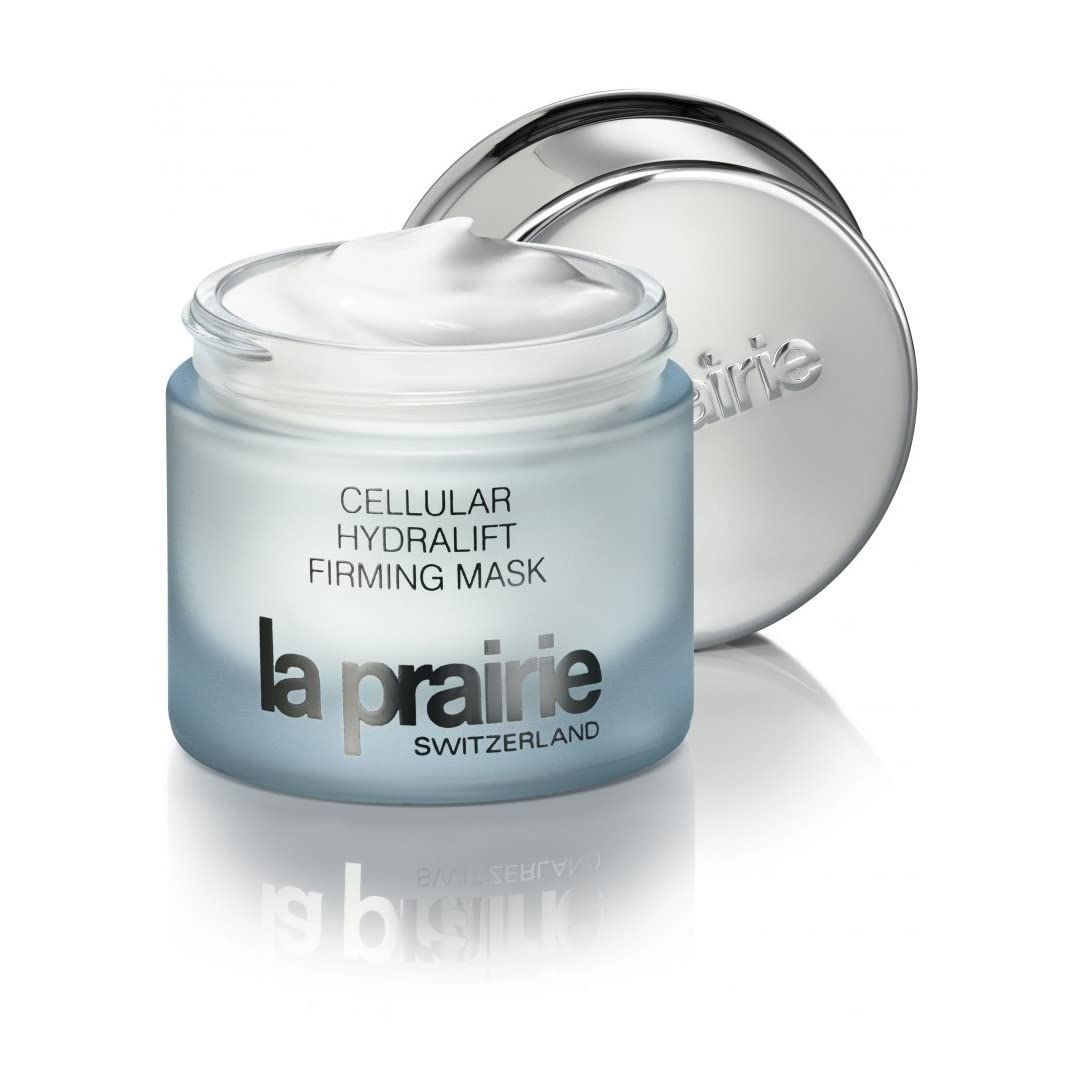 Maschera crema aperta. Scritta: Cellular Hydralift Firming Mask, La Prairie. Vasetto vetro grigio, coperchio argento.
