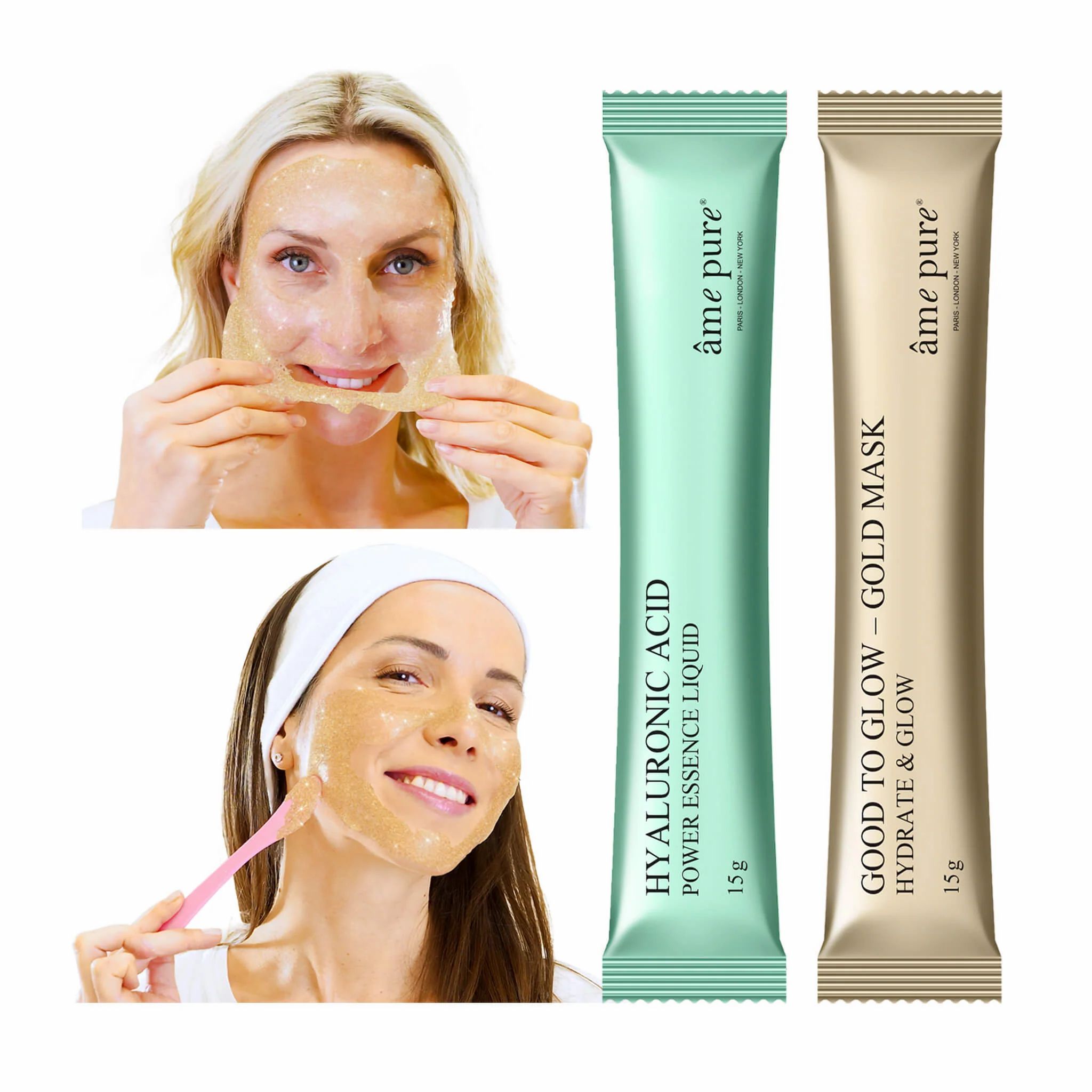 Due donne con maschere per il viso. Due bustine di maschera: acido ialuronico e maschera dorata. Testo visibile.