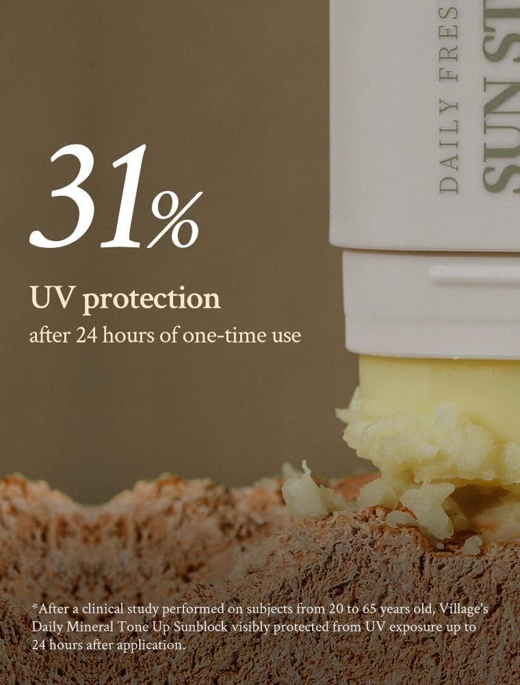 Testo: 31% di protezione UV dopo 24 ore. Studio: Village's Daily Mineral Tone Up Sunblock protegge dall'esposizione UV.