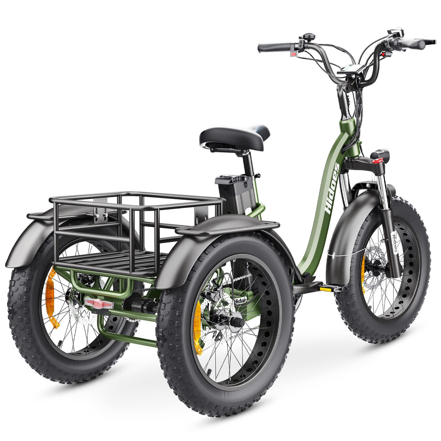 Triciclo elettrico verde con cestino nero, pneumatici e sedile. Marchio: Hidoes. Batteria rimovibile.