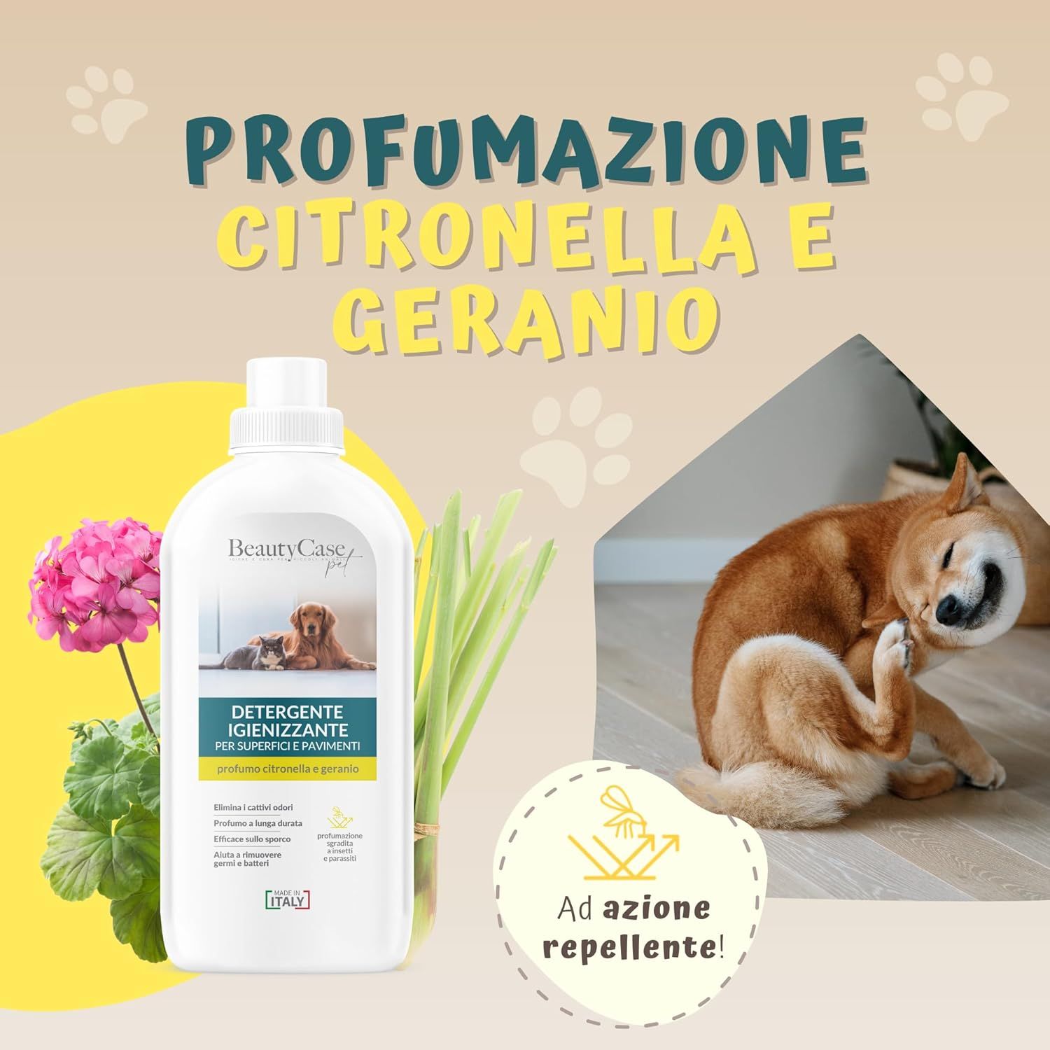 Flacone di detergente con testo: Profumazione citronella e geranio. Illustrazione: Cane che si gratta. Con piante.