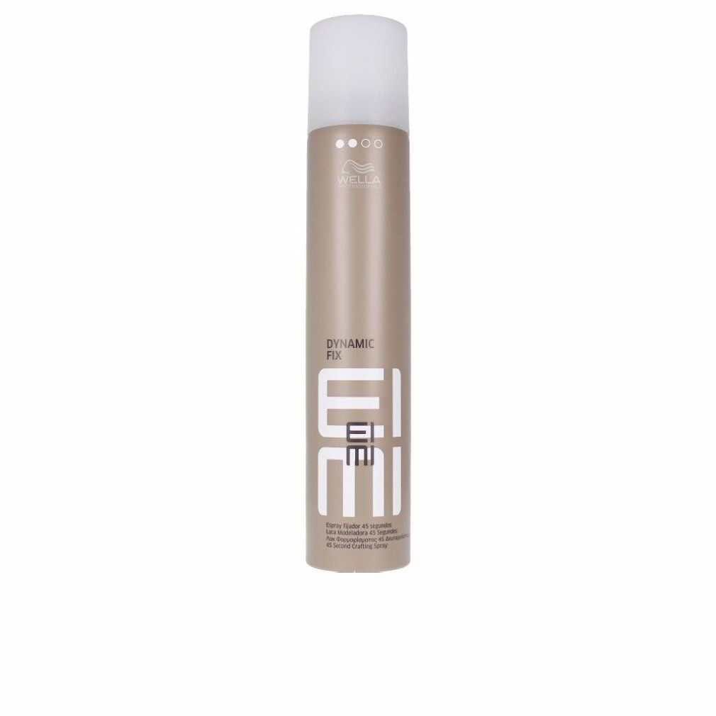Bomboletta spray cilindrica beige-marrone con tappo bianco. Scritte: Dynamic Fix, EIMI, Wella. Prodotto per capelli.