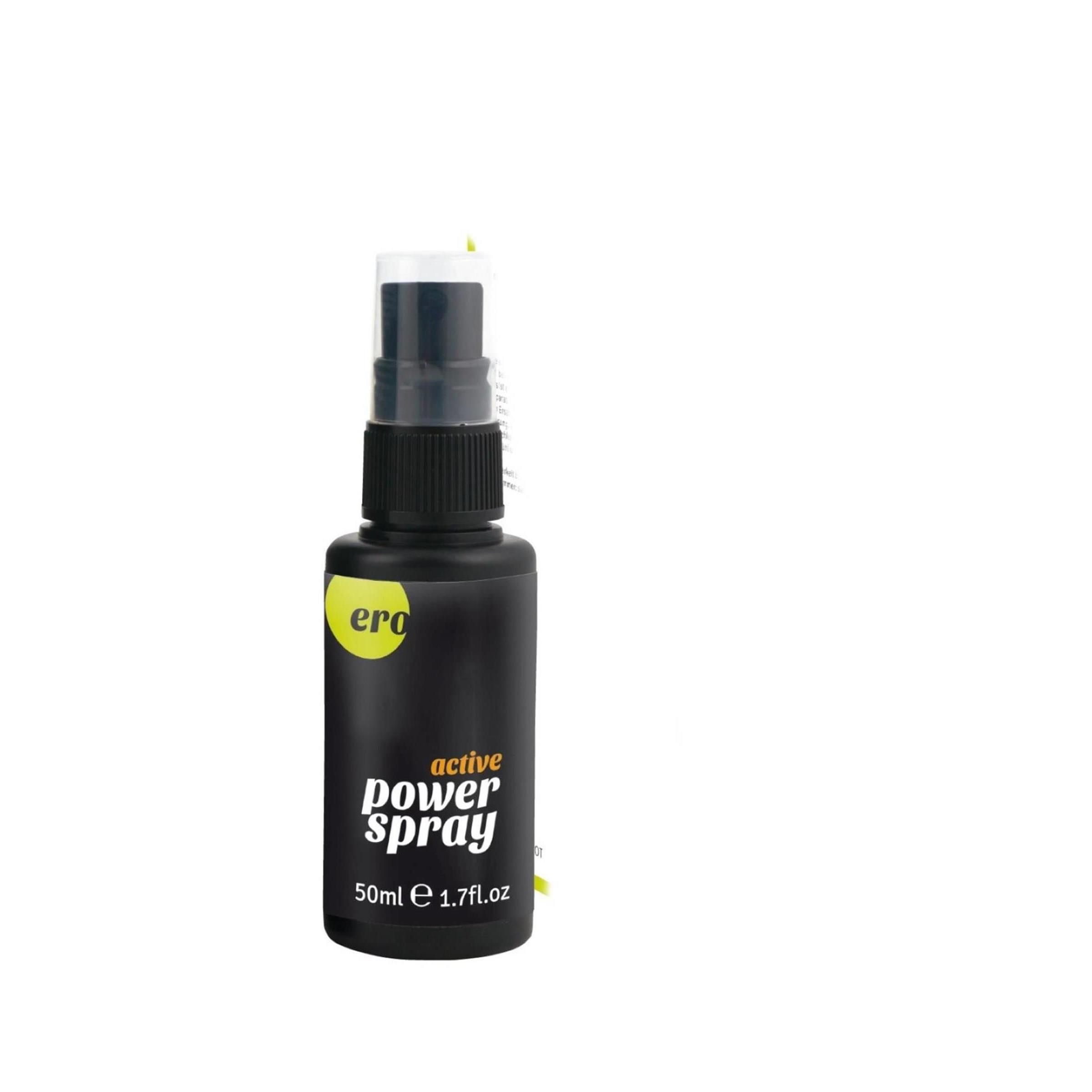 Flacone spray nero con erogatore nero. Etichetta "ero" e "active power spray". 50ml.