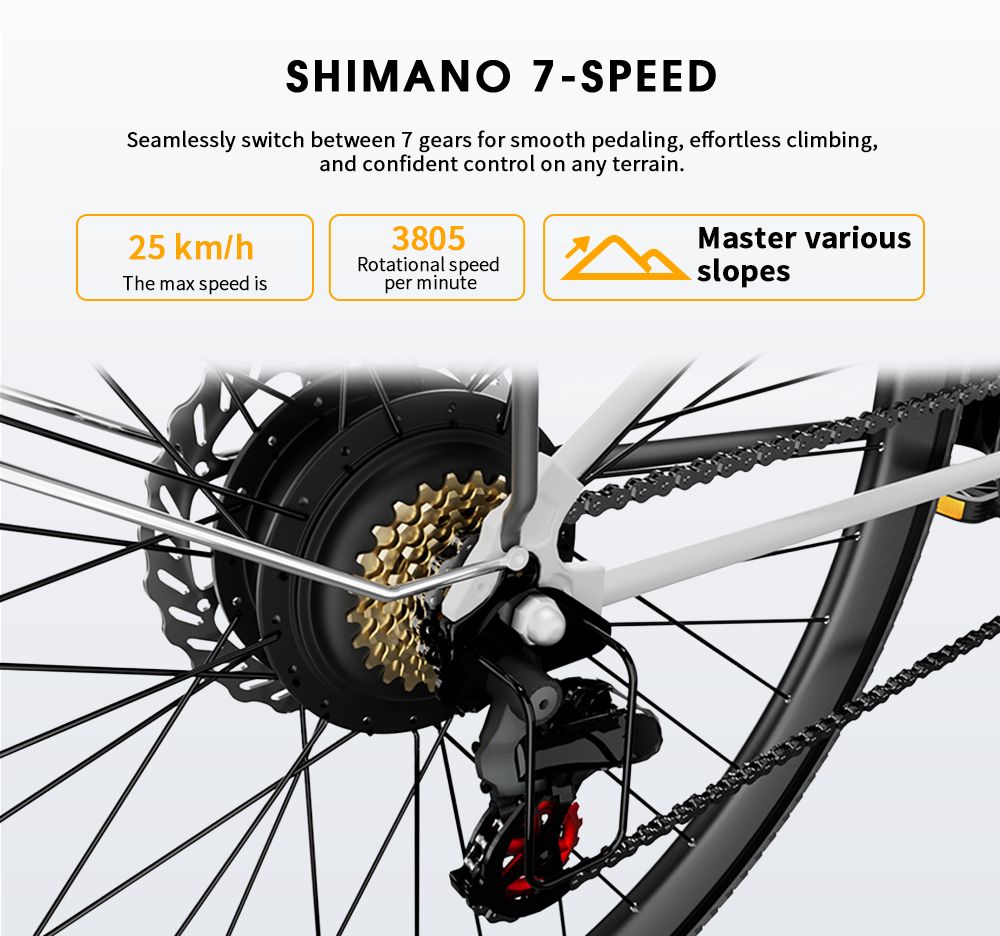 Cambio e-bike a 7 velocità. Velocità massima 25 km/h. 3805 giri al minuto. Adatto alle pendenze.