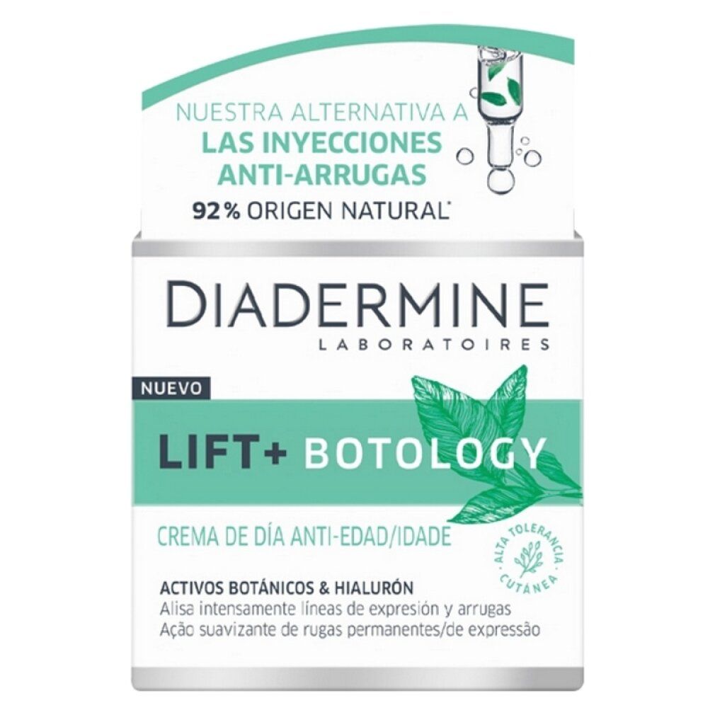 Crema giorno Diadermine Lift Botology. Confezione bianca e verde. Testo: Anti-rughe, 92% origine naturale, Lift+ Botology.