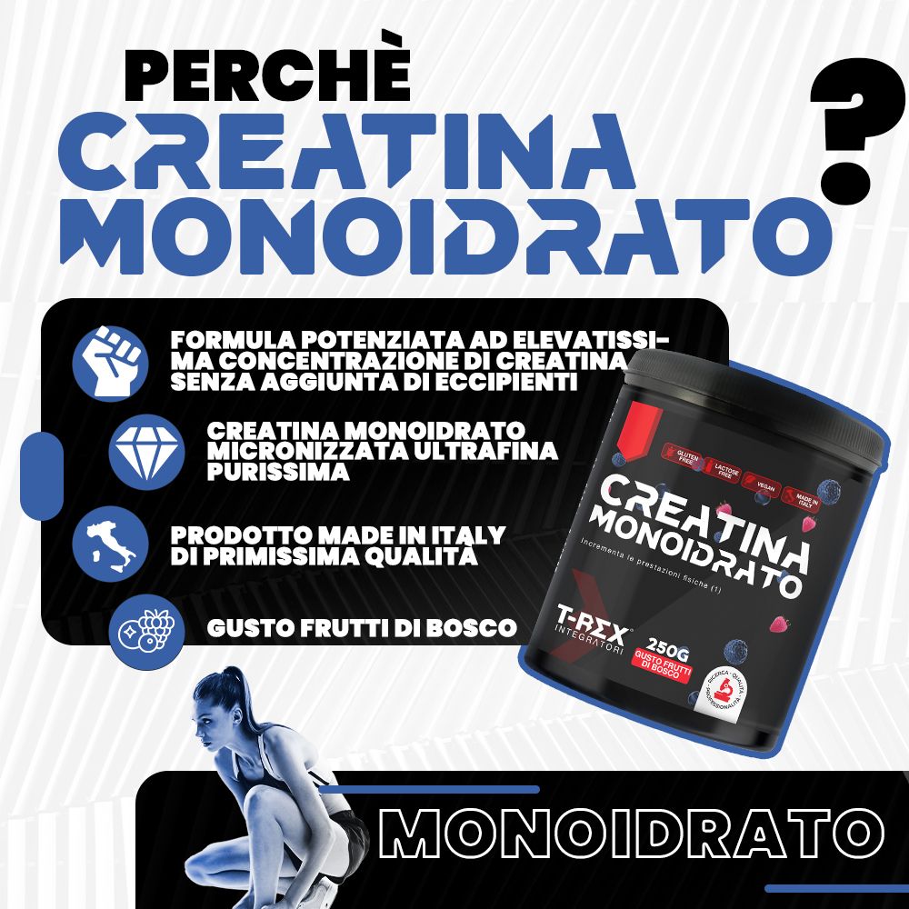 Immagine pubblicitaria con barattolo CREATINA MONOIDRATO. Testo: Perché creatina monoidrato? Made in Italy. Gusto frutti di bosco. Donna in allenamento.