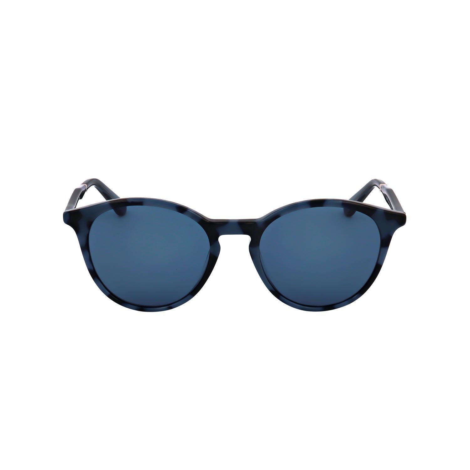 Occhiali da sole rotondi con montatura blu marmorizzata e lenti scure.